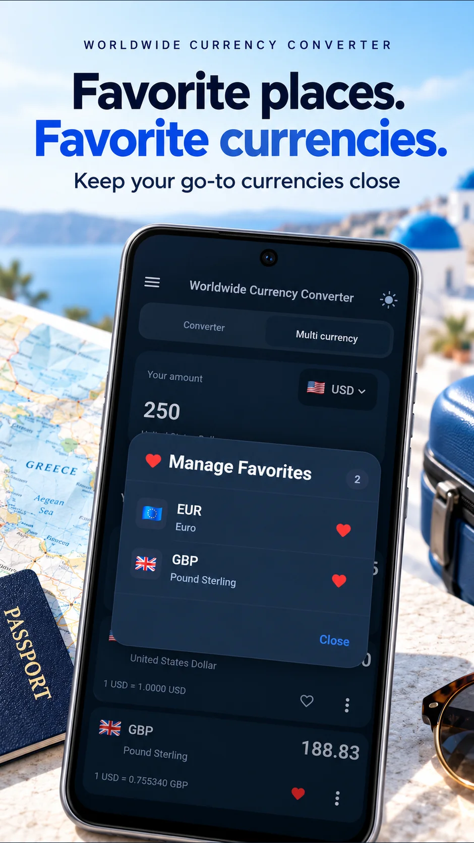Application favourite currencies preview
