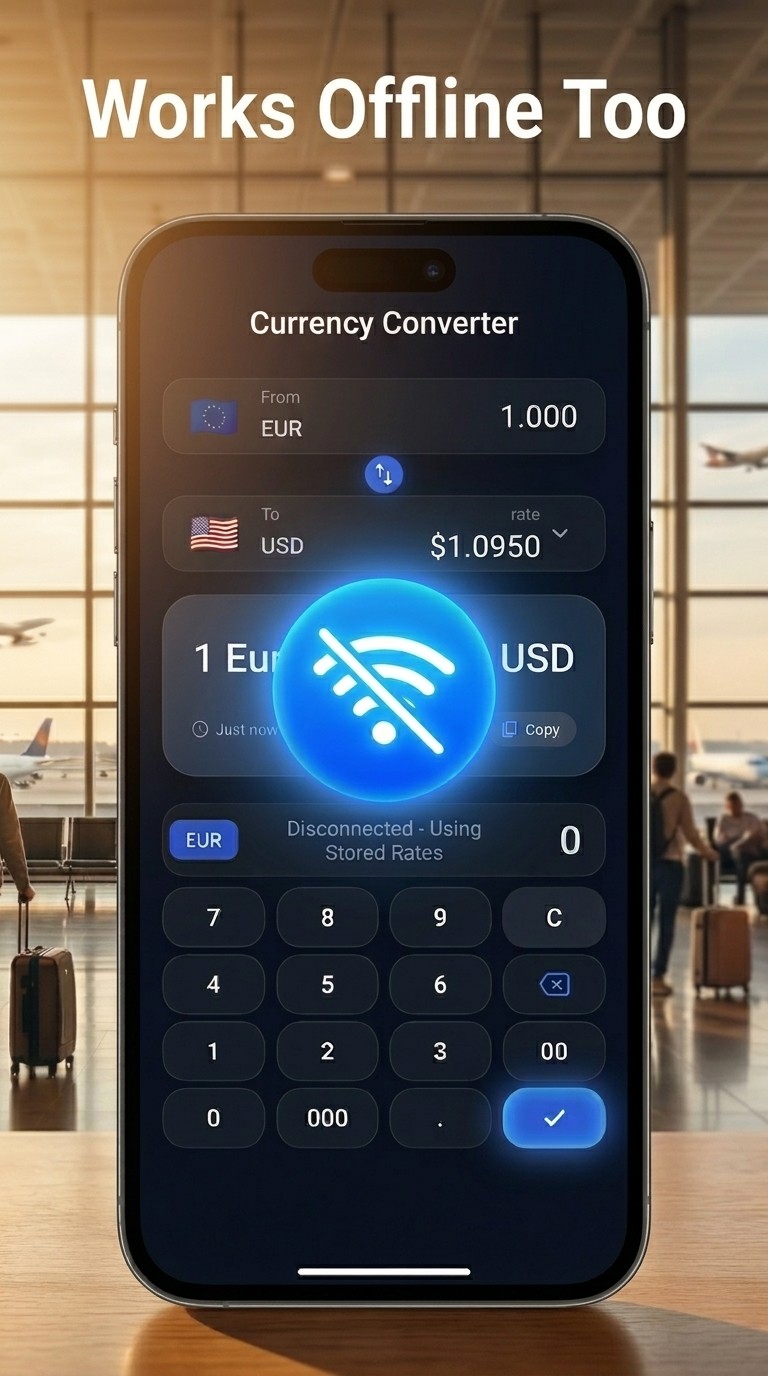 Works offline using stored exchange rates